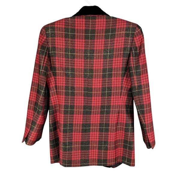 Anne Klein II Womens L Red Black Plaid 95% Wool Long Blazer Velvet Shawl Collar - Picture 9 of 15